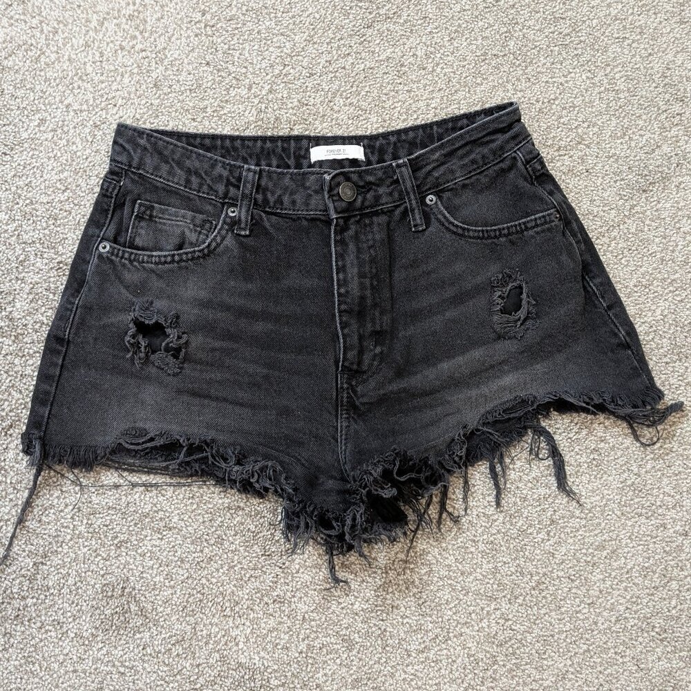 FOREVER 21 Faded Black Distressed High Rise Cut-Off Shorts; Size 27
